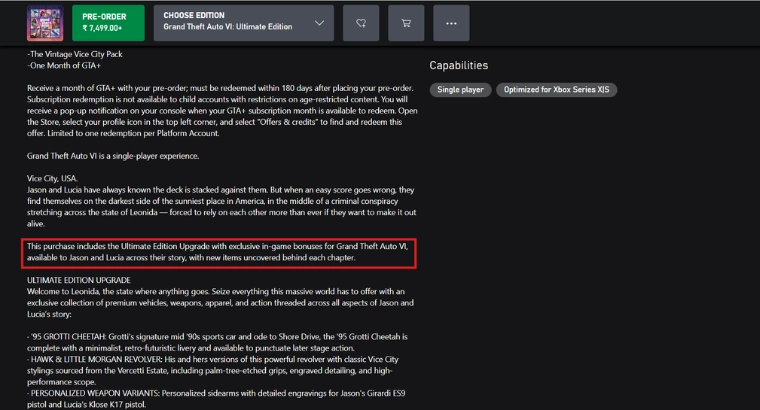 GTA 6 description detailing rewards with Ultimate Edition