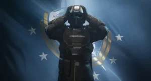 still from the Helldivers video game cutscene.