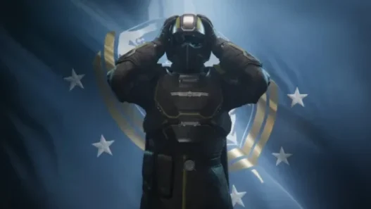 still from the Helldivers video game cutscene.
