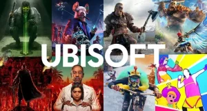 Ubisoft logo image with some of its games in the background