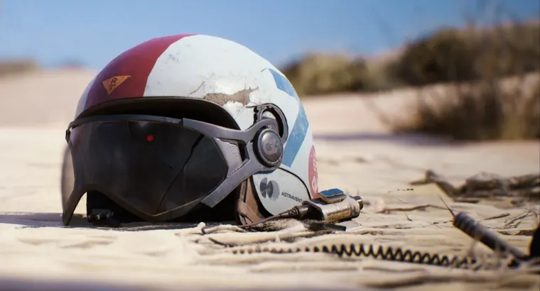 still from ARC Raiders video game trailer, helmet down in a desert