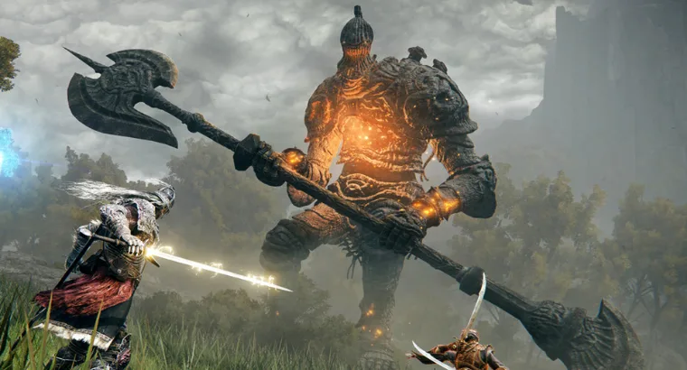 still from Elden Ring video game, fighting a stone giant with axe.